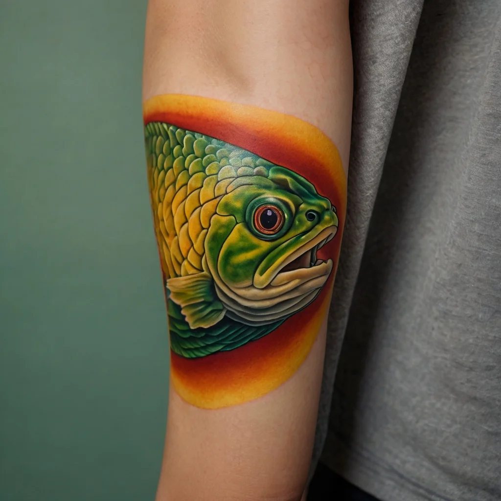 Vibrant fish tattoo with green and yellow scales, set against a circular gradient orange background on upper arm.