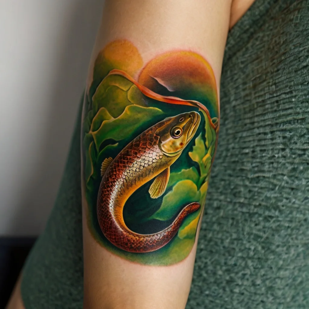 A vibrant tattoo of a fish surrounded by lush green leaves and a colorful sun, symbolizing nature and life.