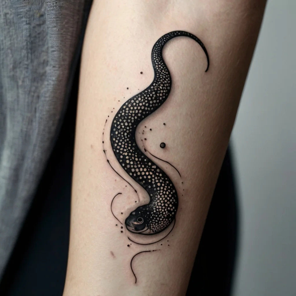 Tattoo of a stylized black eel with white dot patterns, flowing upward on the skin with fine line accents and dots.