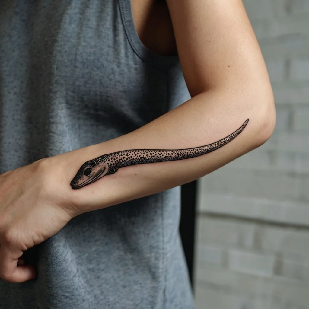 Realistic black and gray tattoo of a slender lizard wrapping around the forearm, detailed with intricate dot work.