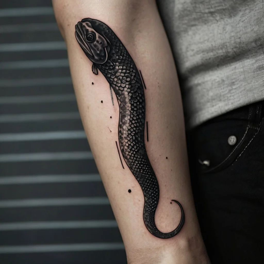 Black realistic snake tattoo slithering along the forearm, with intricate scales and shadow details for a 3D effect.