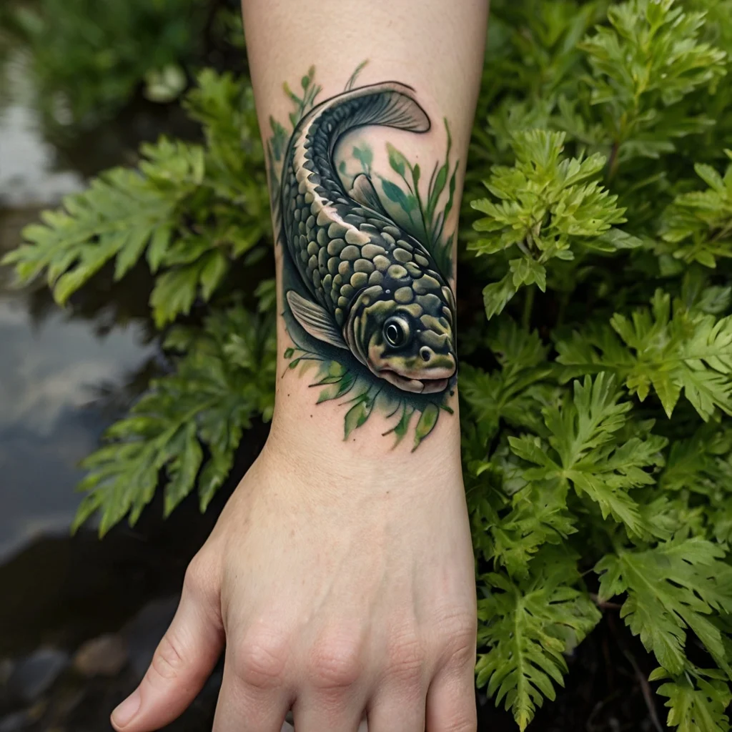 Tattoo of a realistic koi fish swimming through green aquatic plants on the forearm, symbolizing luck and perseverance.