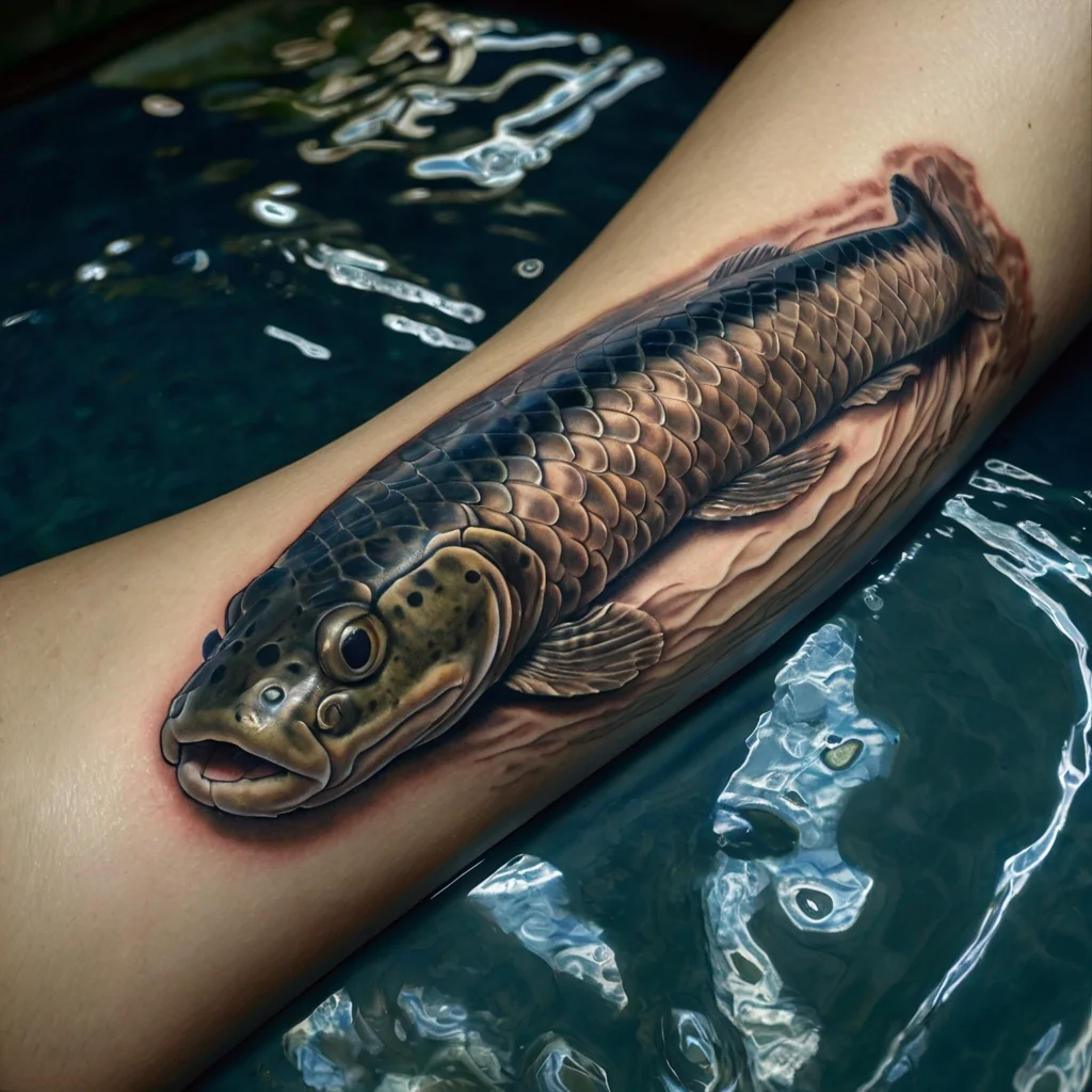 Realistic trout tattoo with intricate scales and shading, creating a striking 3D effect on the forearm.