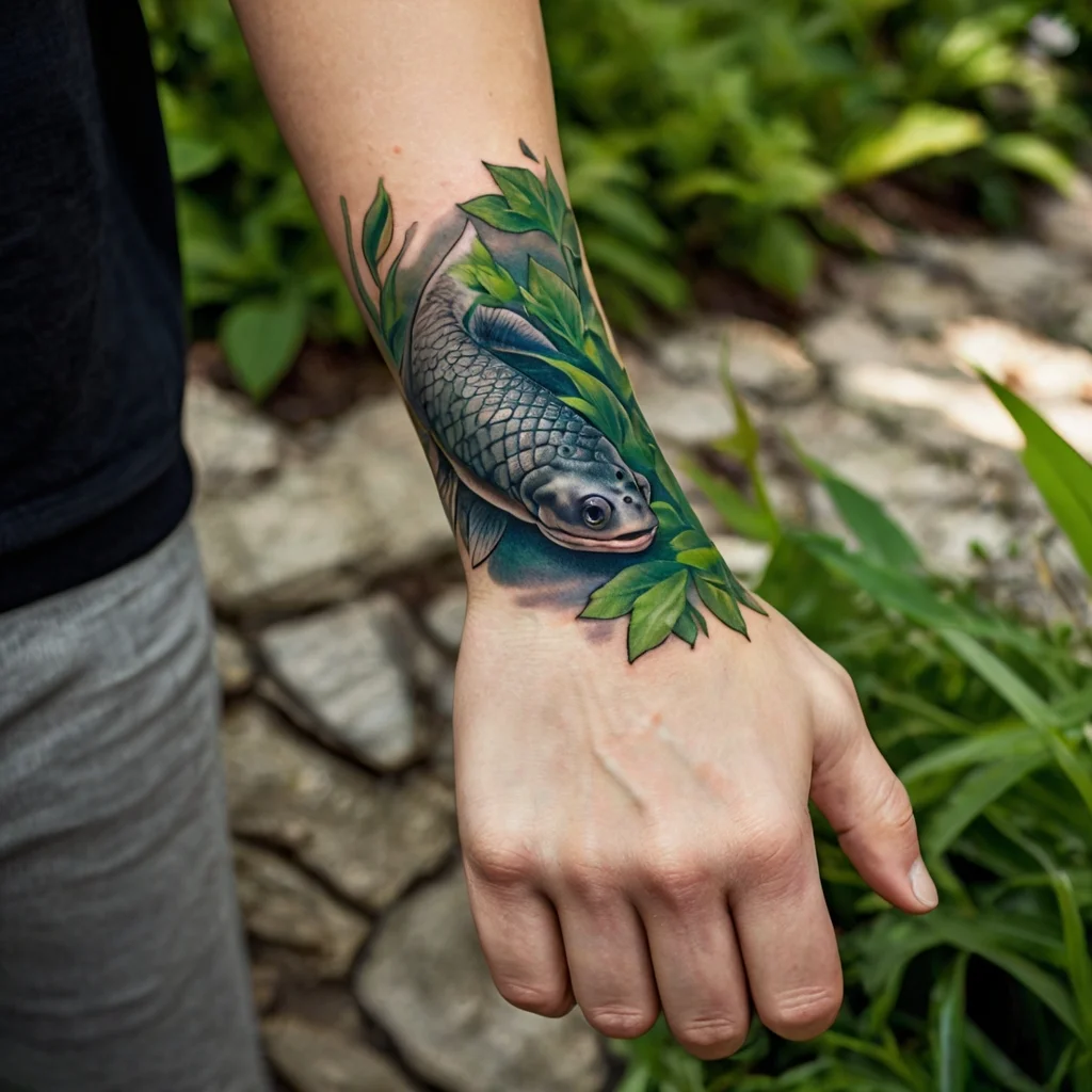 Realistic fish tattoo on wrist with green leaves, blending colors and shading for a vivid, 3D effect.