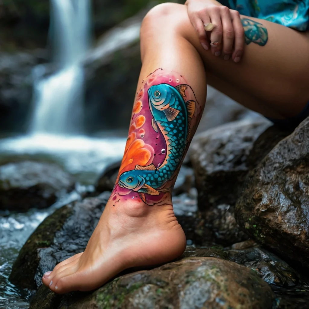 Colorful koi fish tattoo on the leg, surrounded by vibrant orange splashes and intricate blue scales in a dynamic flow.