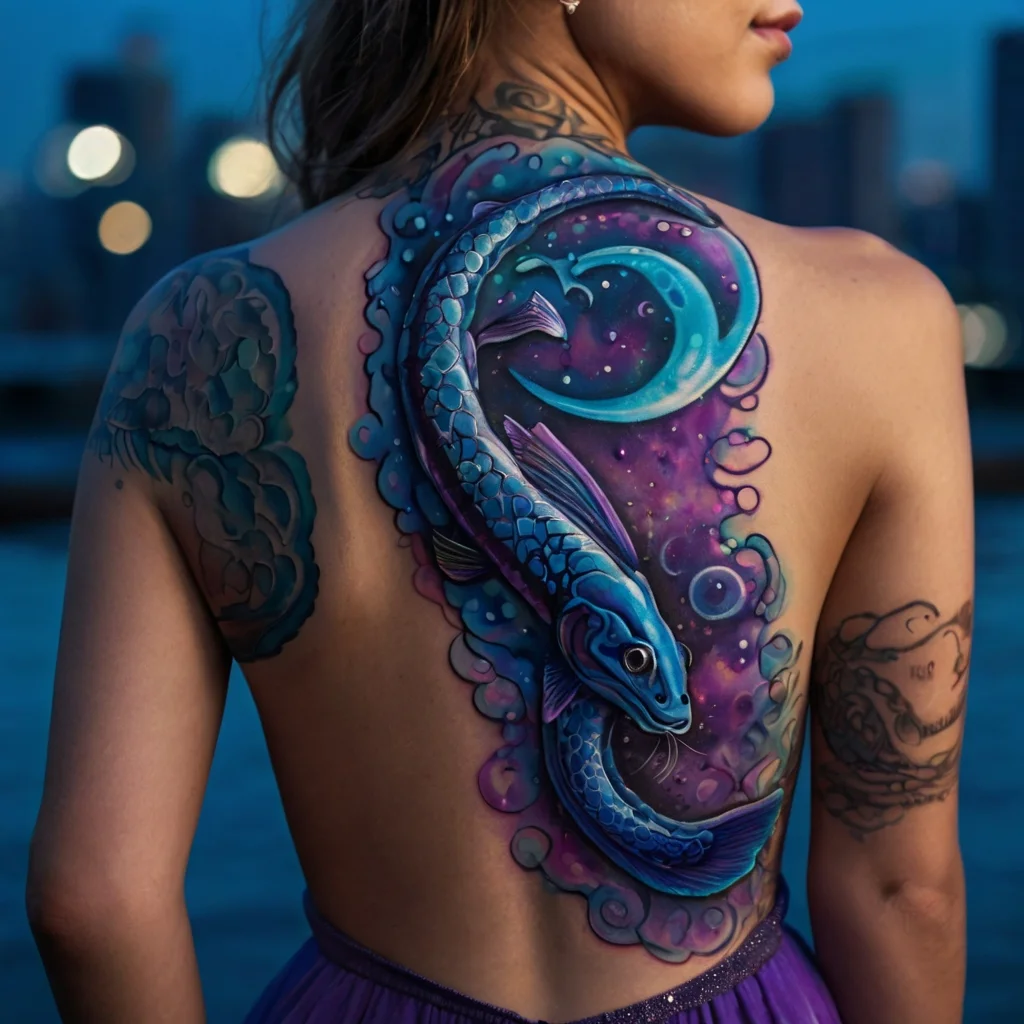 A vibrant back tattoo with an elegant blue koi fish and crescent moon, set against a cosmic purple background.