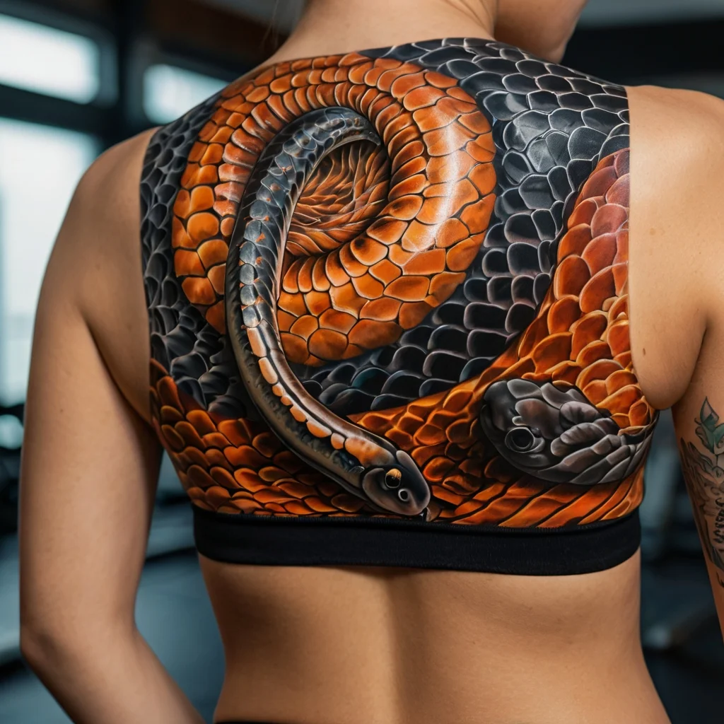 A realistic back tattoo of a coiled black and orange snake, highlighting detailed scales and a striking 3D effect.