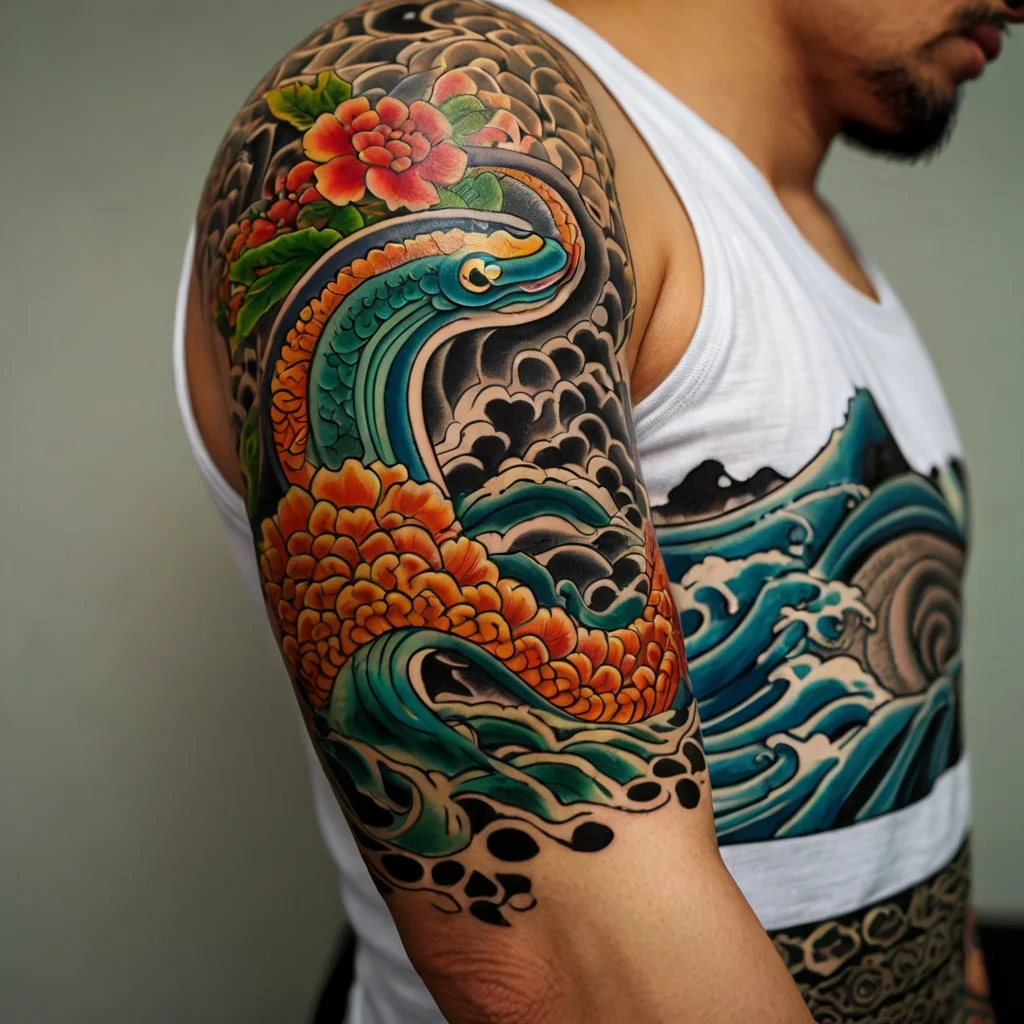 Vibrant Japanese-style tattoo with a dragon, red flower, and swirling waves in rich colors on a man's shoulder.