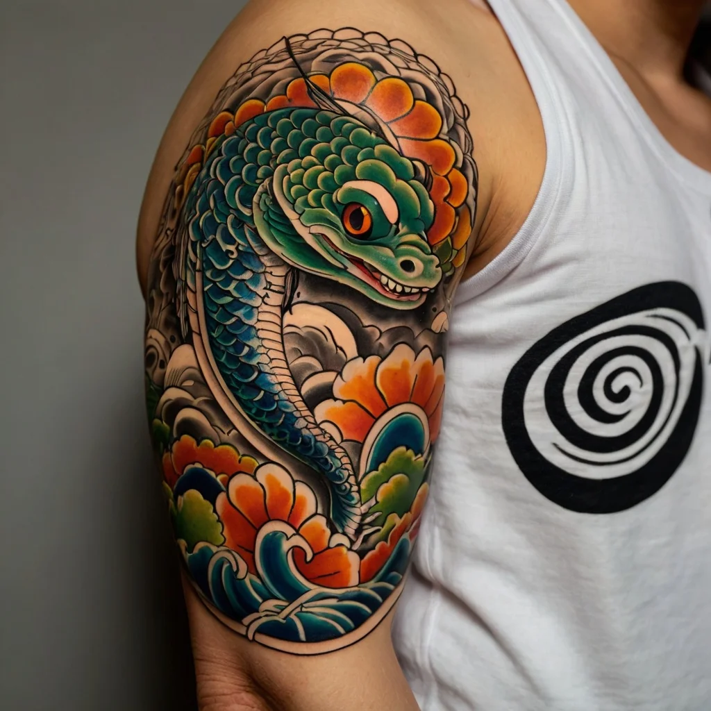 Tattoo of a vibrant Japanese dragon amidst swirling waves and flowers, blending blue, green, orange, and black shades.