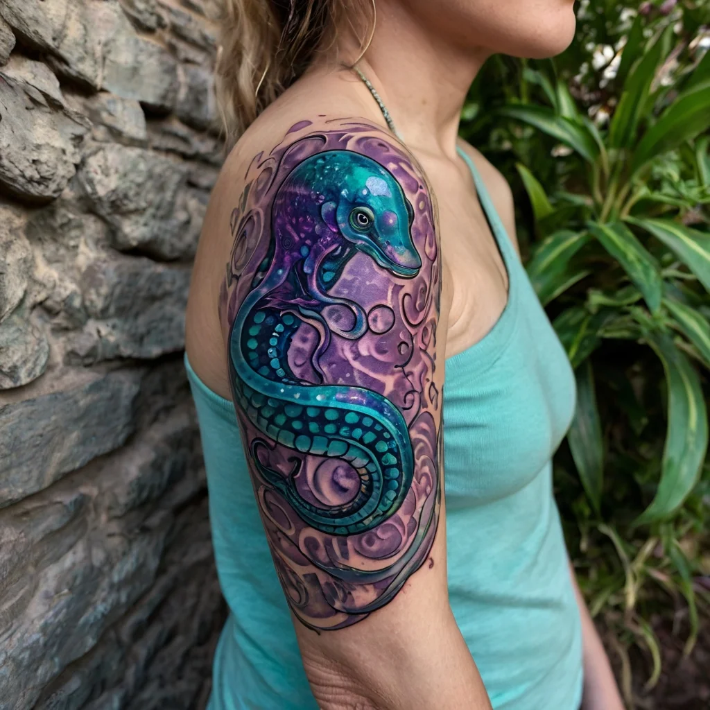 Tattoo of a vibrant, swirling gecko in teal and purple hues, wrapped around the arm with intricate, swirling patterns.