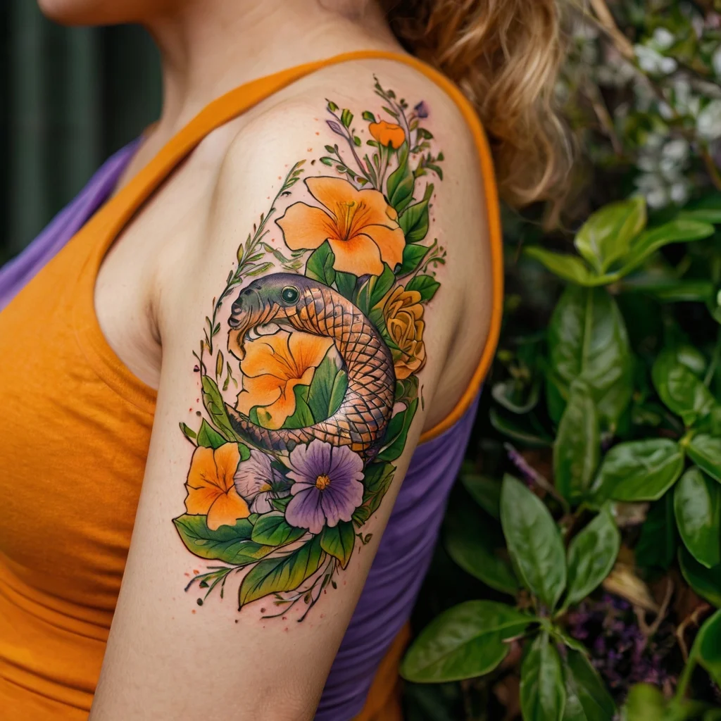 Colorful tattoo of a coiling snake surrounded by orange and purple flowers with lush green leaves on upper arm.