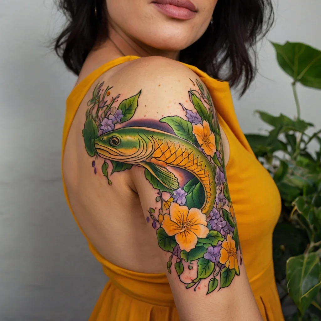 Colorful fish tattoo with vivid orange and yellow flowers, complemented by lush green leaves, adorning the shoulder.