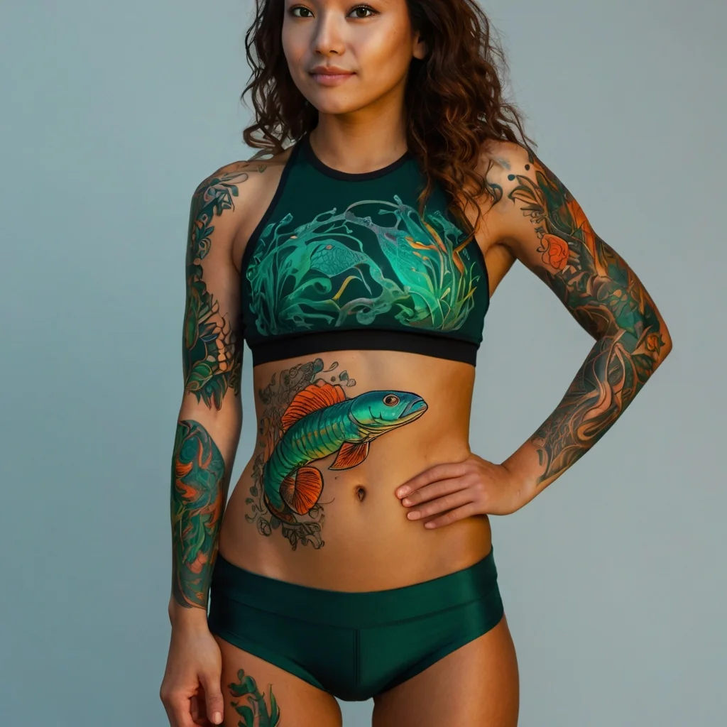 Detailed aquatic themed tattoos featuring a vibrant fish on the torso and intricate seaweed with oceanic elements on the arms.