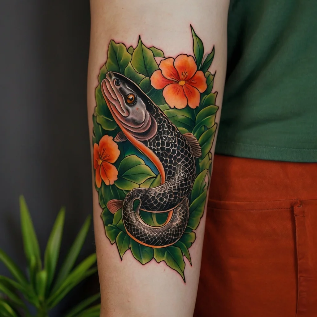 Tattoo of a snake-like fish amid vibrant green leaves and bright orange flowers, showcasing intricate and bold details.