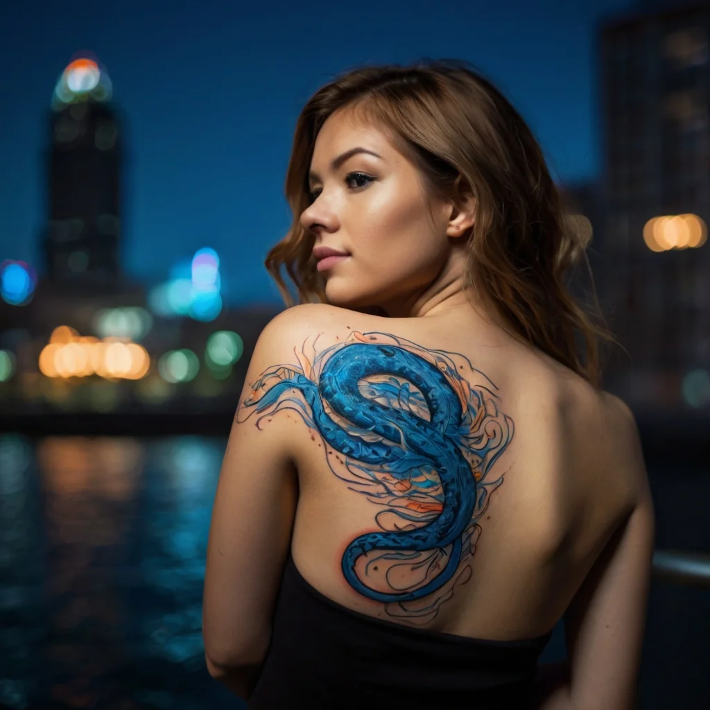 A vibrant blue dragon tattoo with orange accents, swirling dynamically on the woman's back, symbolizing strength and wisdom.