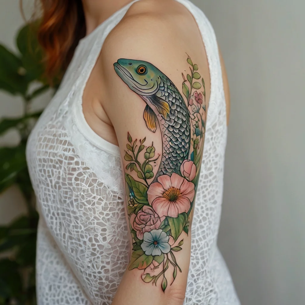 Arm tattoo of a fish swimming through colorful flowers and greenery, blending vivid realism with botanical elements.