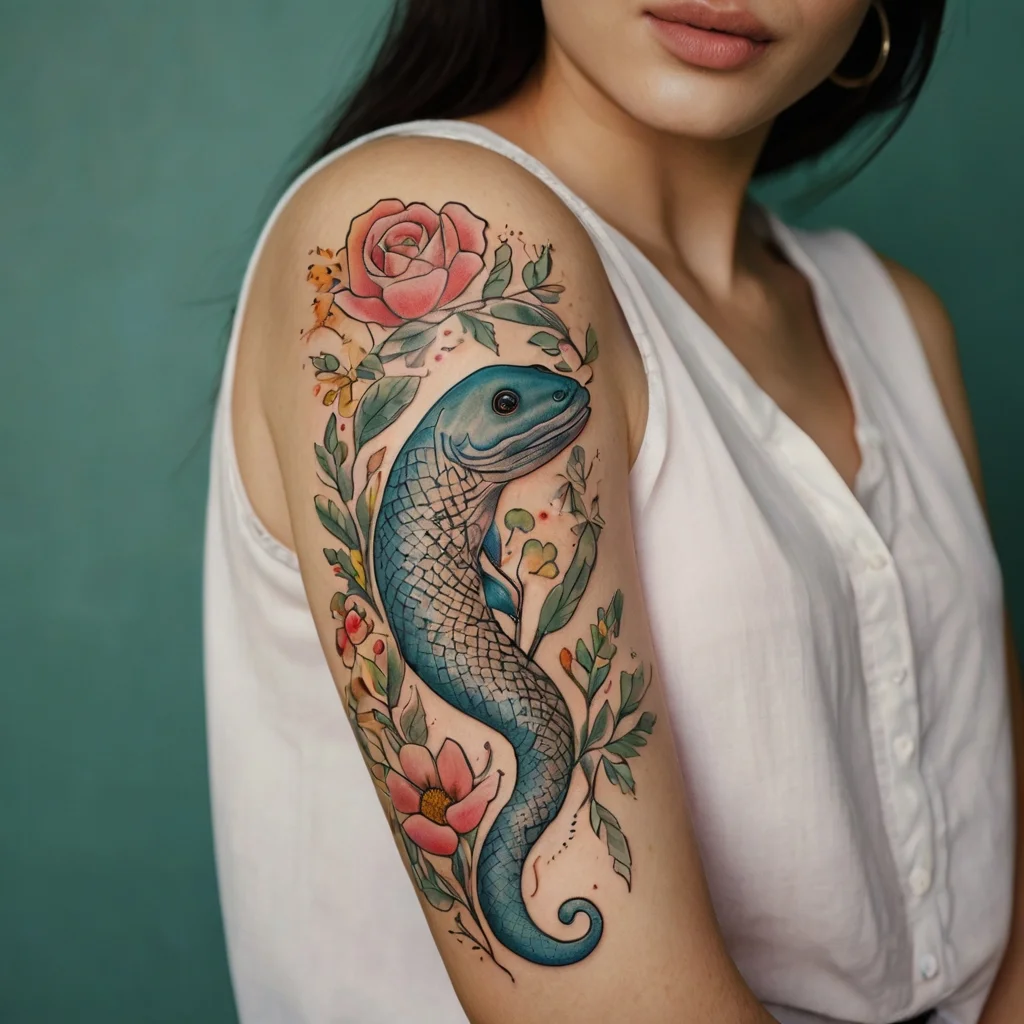 A detailed tattoo of a blue lizard entwined with roses and leaves, showcasing vibrant colors and intricate scales.