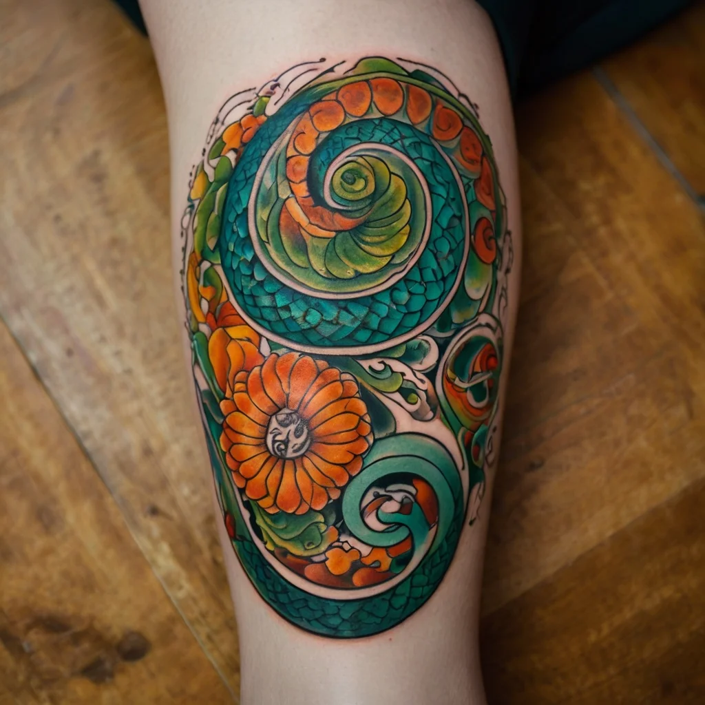 Colorful tattoo of spirals and a flower, featuring vibrant teal, orange, and green hues, with intricate detailing.