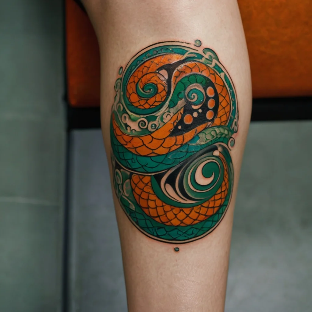 Colorful abstract tattoo design with green and orange swirls, scales, and dot patterns creating a dynamic, flowing motif.