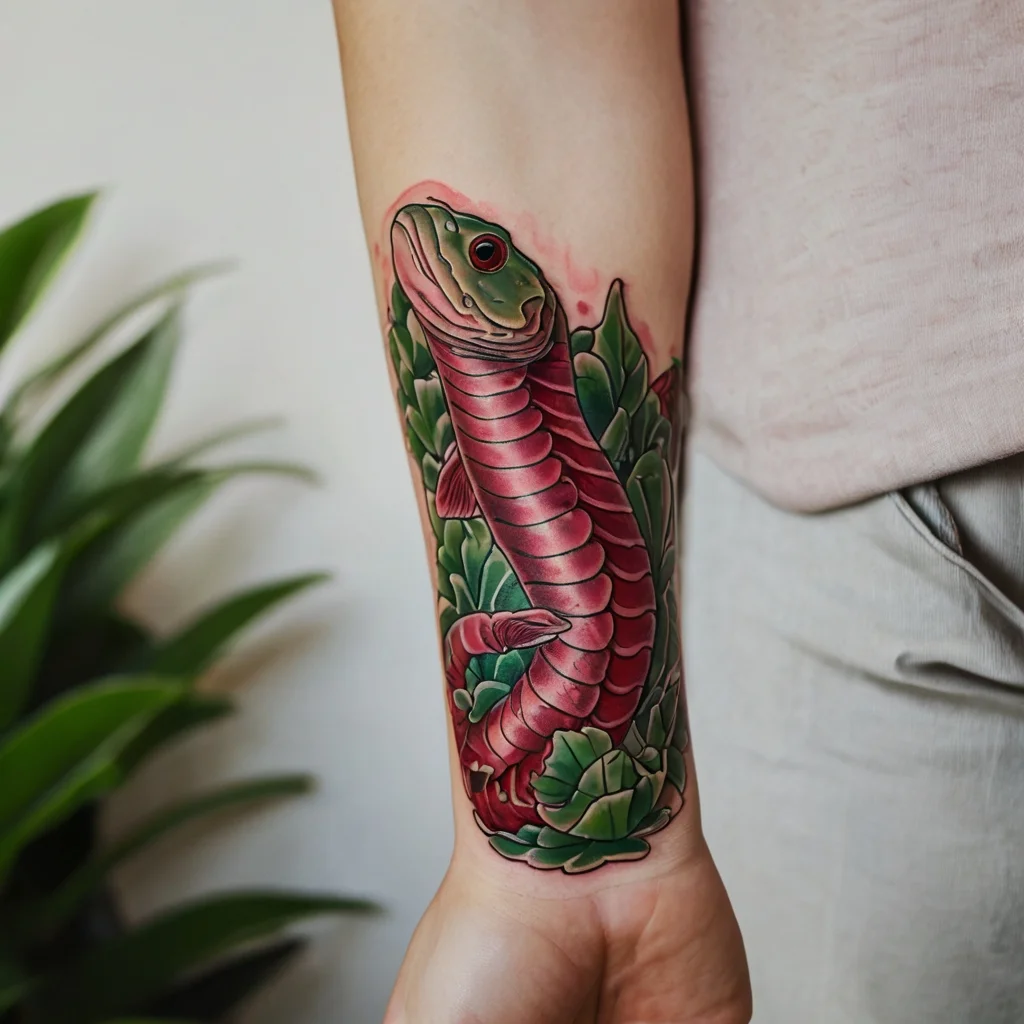 Colorful tattoo of a pink arowana fish entwined with green leaves, wrapping elegantly around the forearm.