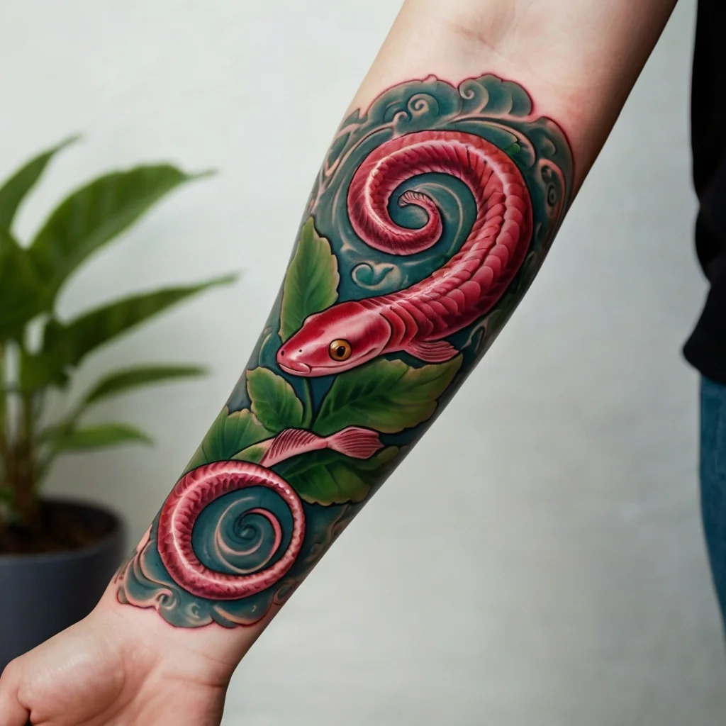 Vibrant red snake tattoo coiled over lush green leaves with swirling blue accents on the forearm.