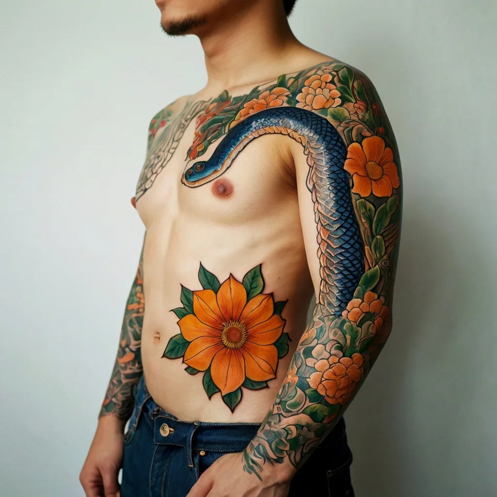 Tattoo design of a blue snake wrapping around the arm, surrounded by orange flowers and greenery, with a large orange flower on the chest.