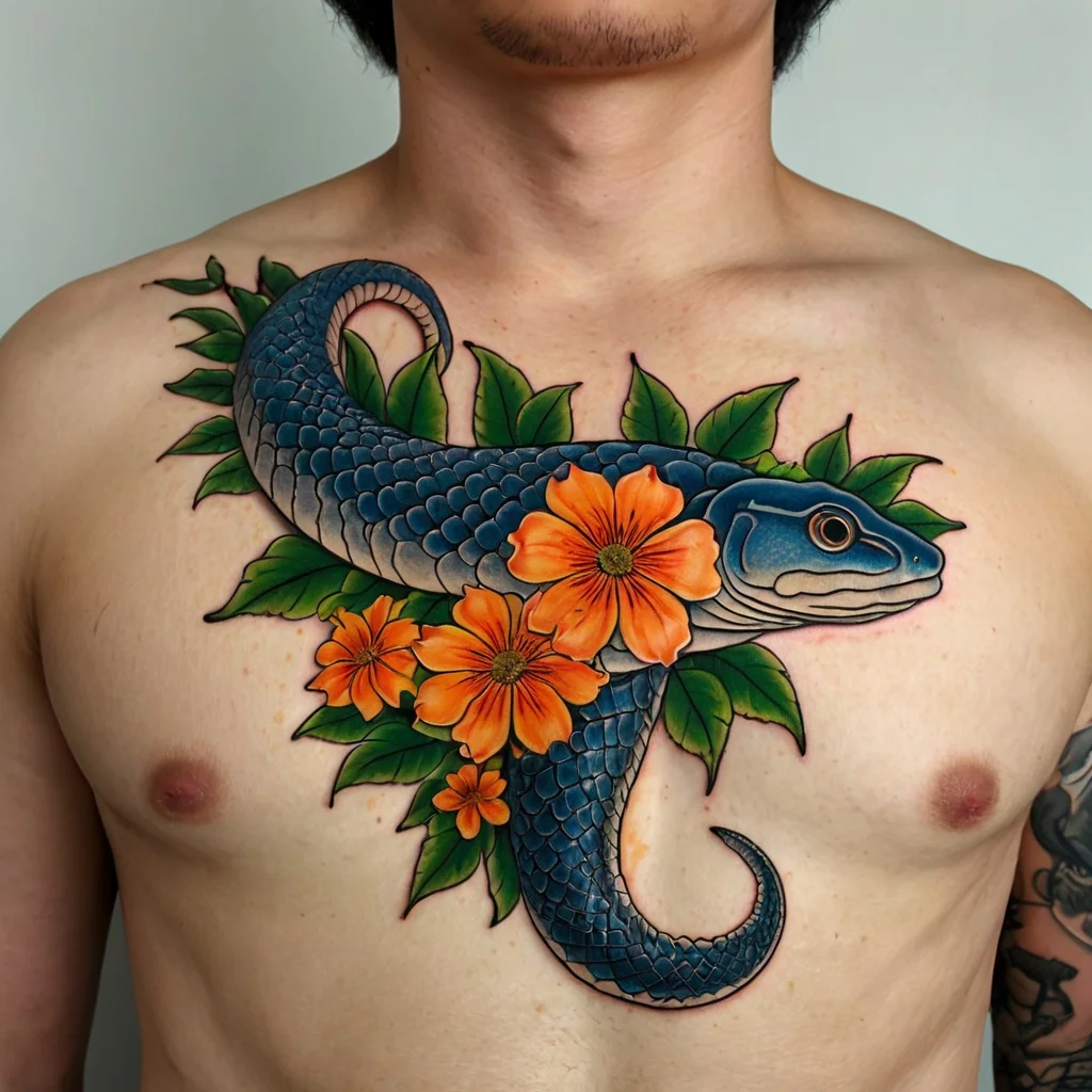 A blue-scaled snake wraps around vibrant orange flowers with lush green leaves, elegantly covering the chest.