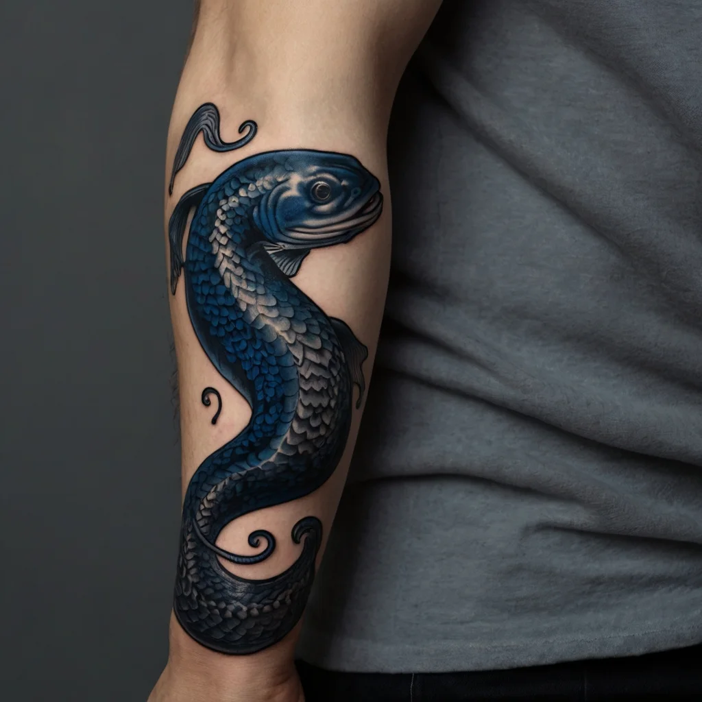 Tattoo of a stylized blue koi fish, with detailed scales and flowing fins, wrapping around the forearm.