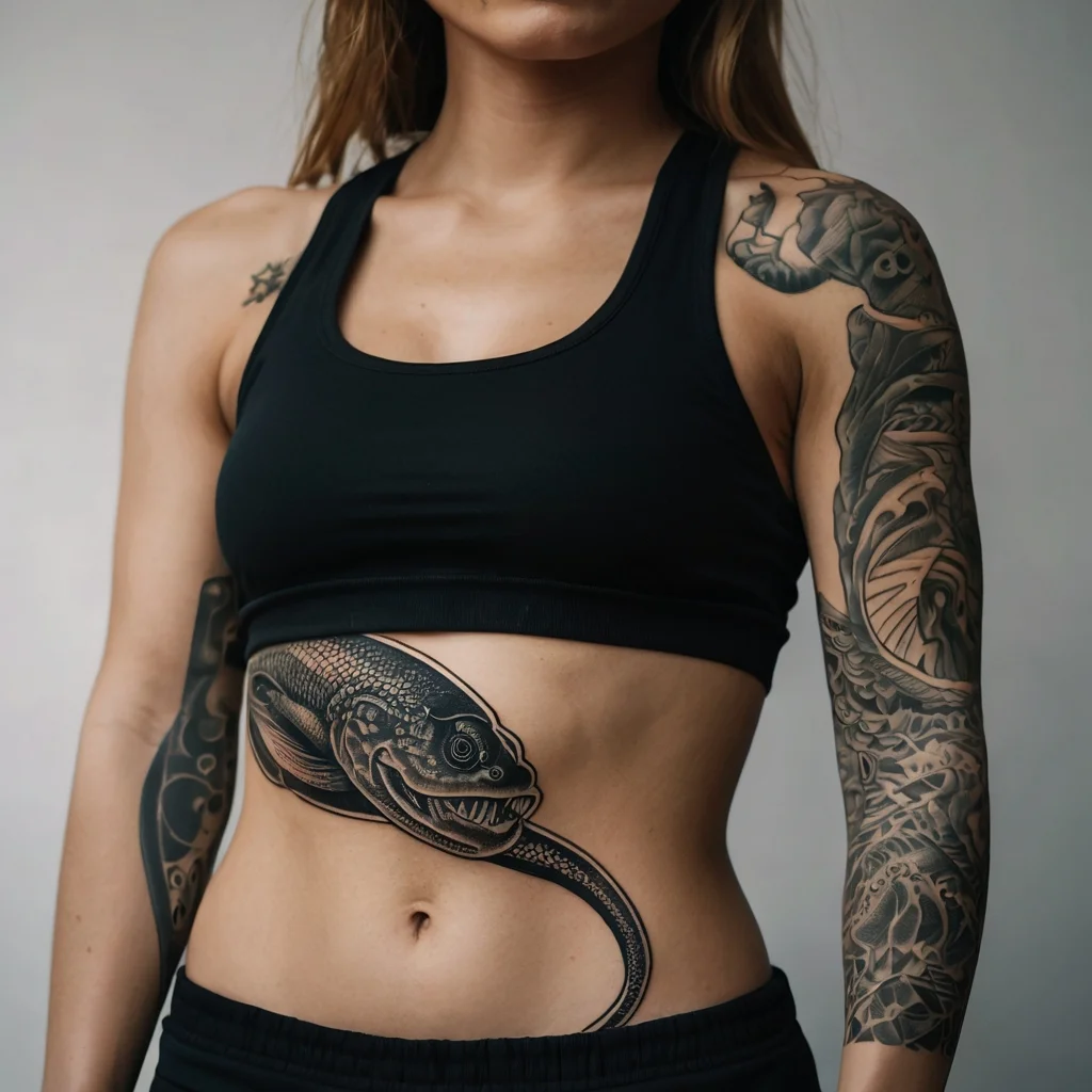 Tattoo of a detailed eel wrapping around the torso, with intricate black and gray designs covering the right arm.