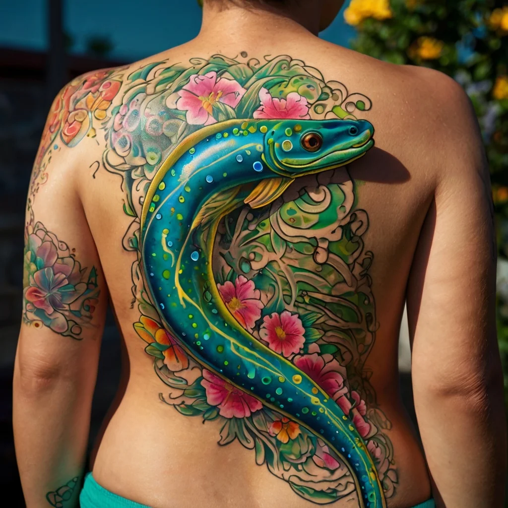 A vibrant eel tattoo with floral motifs, showcasing vivid blues, greens, and pinks in an underwater-inspired design on the back.