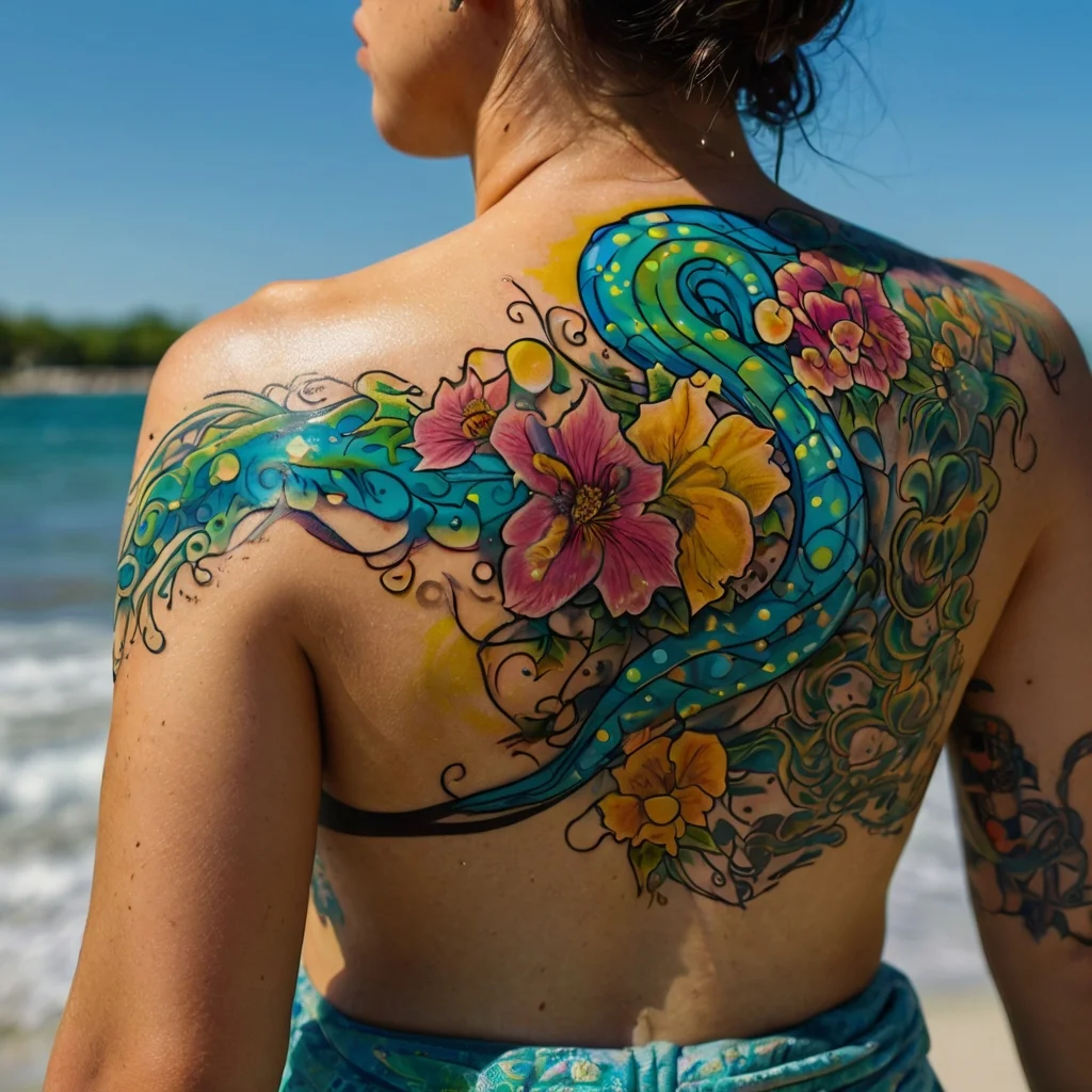 Colorful tattoo of swirling blue waves with pink and yellow flowers on upper back, creating a vibrant, flowing design.