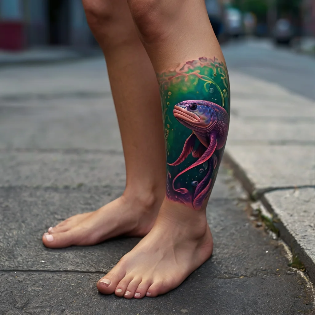 A vibrant, colorful tattoo of a purple fish swimming against a teal background with bubbles, wrapping around the calf.