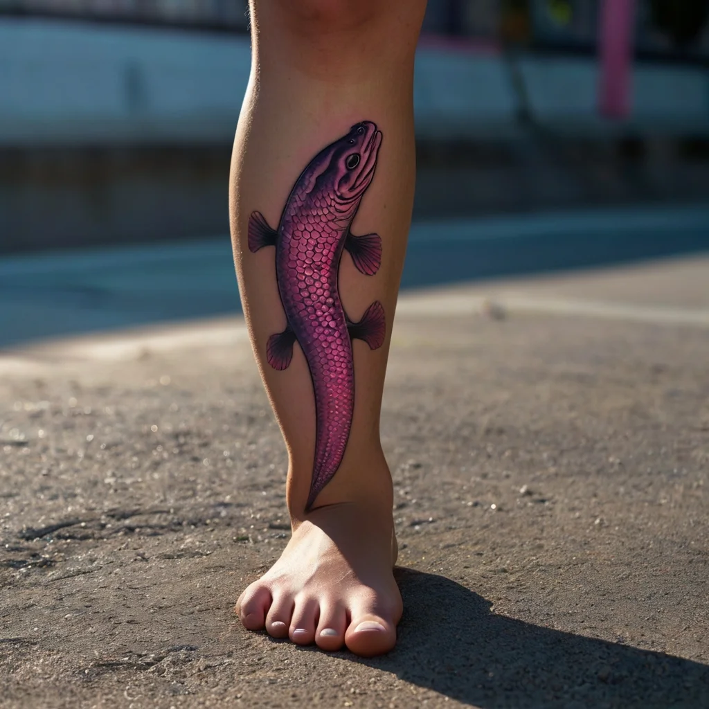 Tattoo of a vibrant pink fish with detailed scales wrapping around the calf, symbolizing transformation and adaptability.