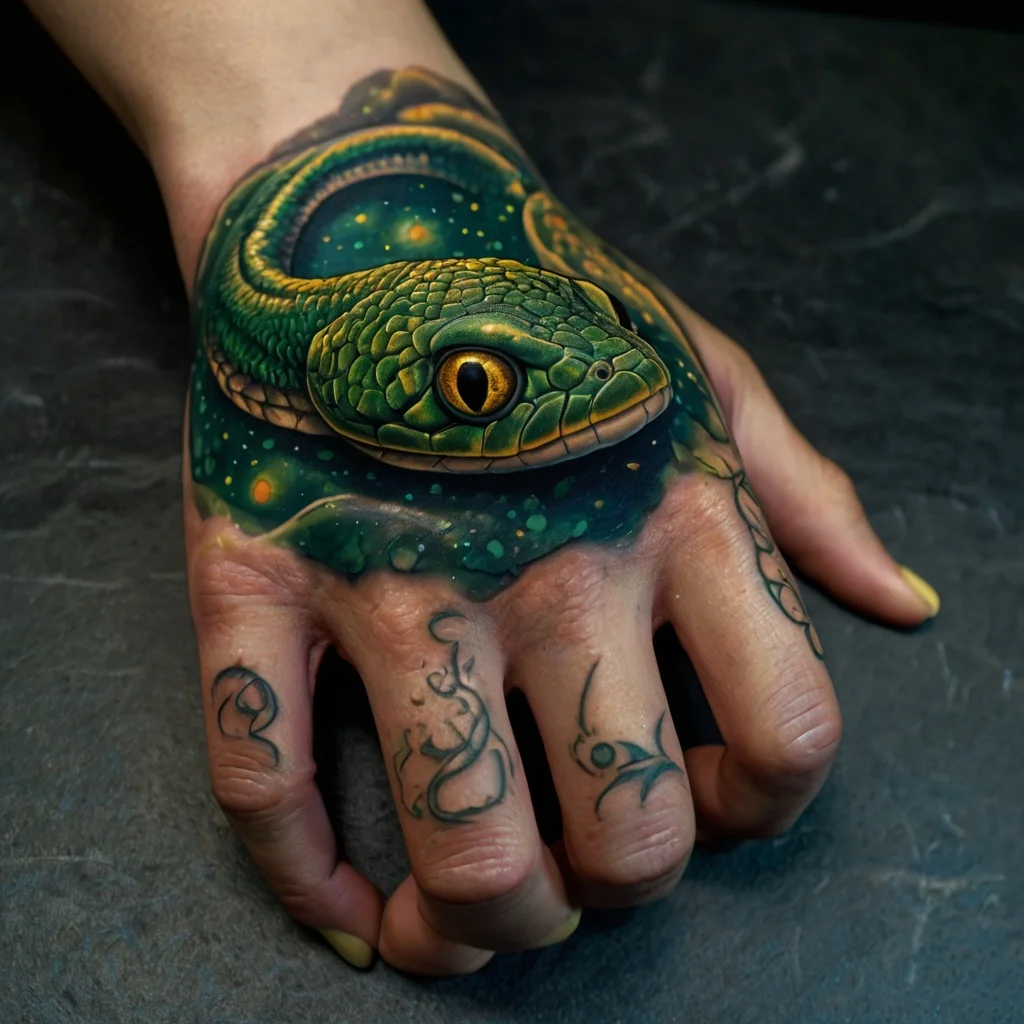 Realistic green snake tattoo with vibrant scales wraps around the hand, featuring detailed golden eyes and cosmic background accents.