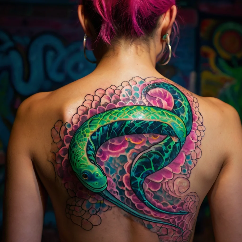 Vibrant green snake with intricate scales, coiled on a back with pink blossoms and swirling patterns, symbolizing vitality.