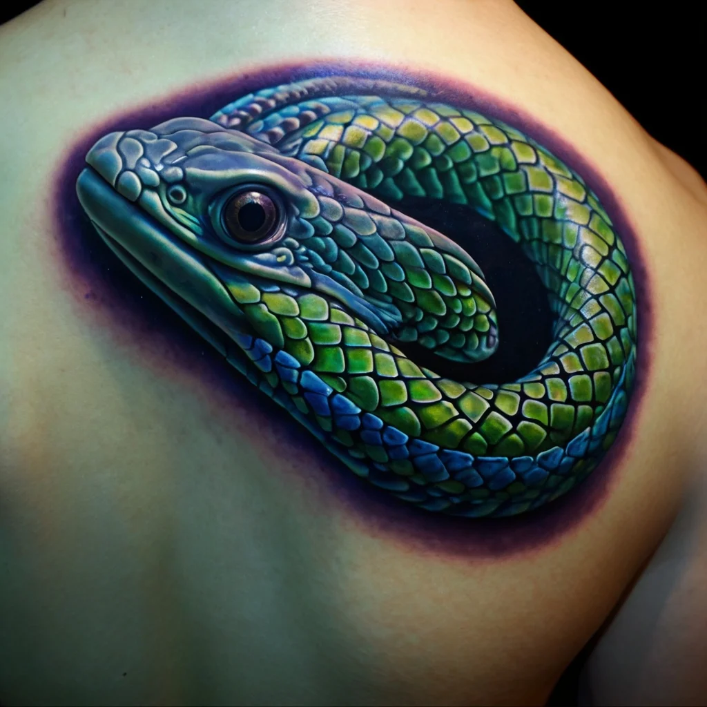 Vibrant 3D snake tattoo with blue and green scales, curled on the shoulder, showcasing depth and realistic detail.