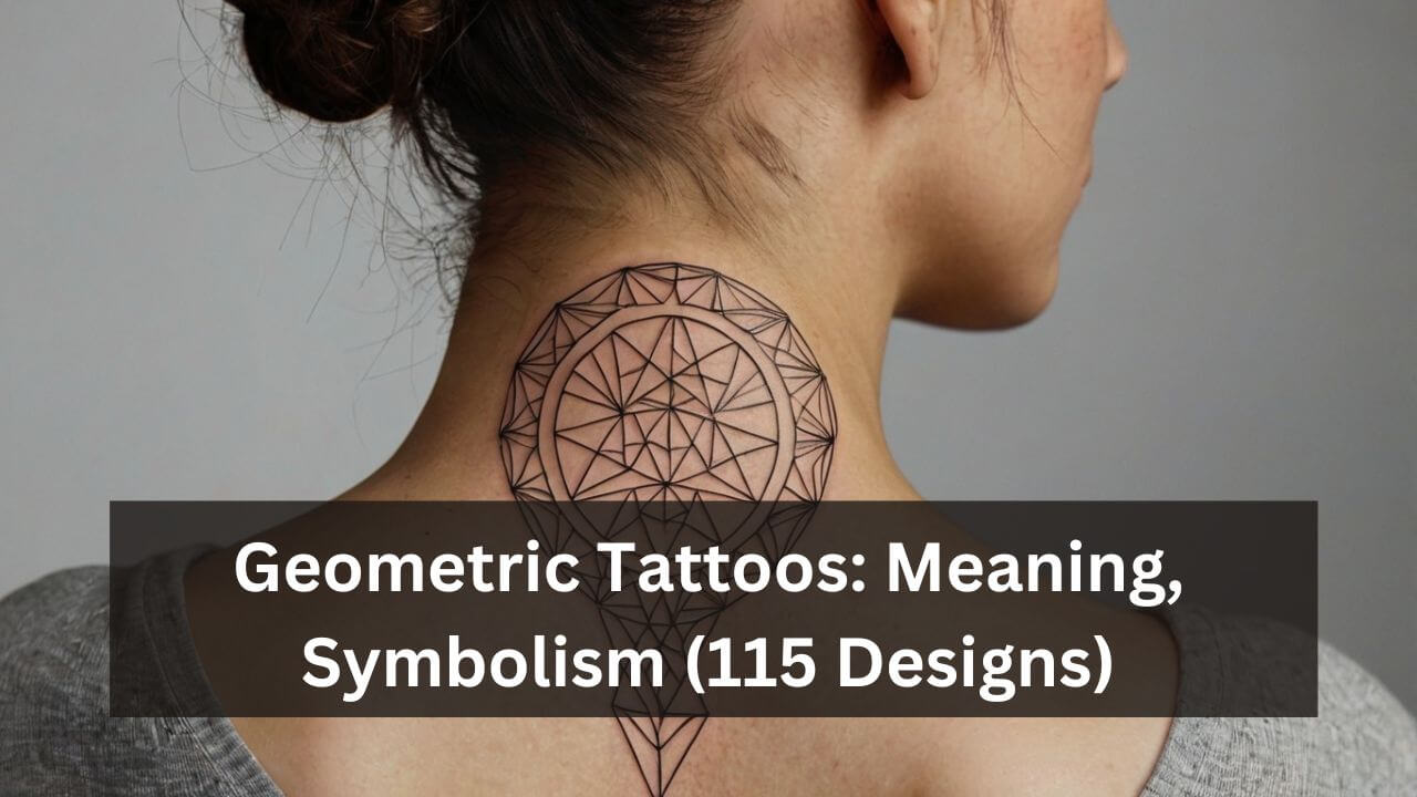 Geometric tattoo with interlocking triangles and star motif on the neck, creating a mandala-like symmetry.