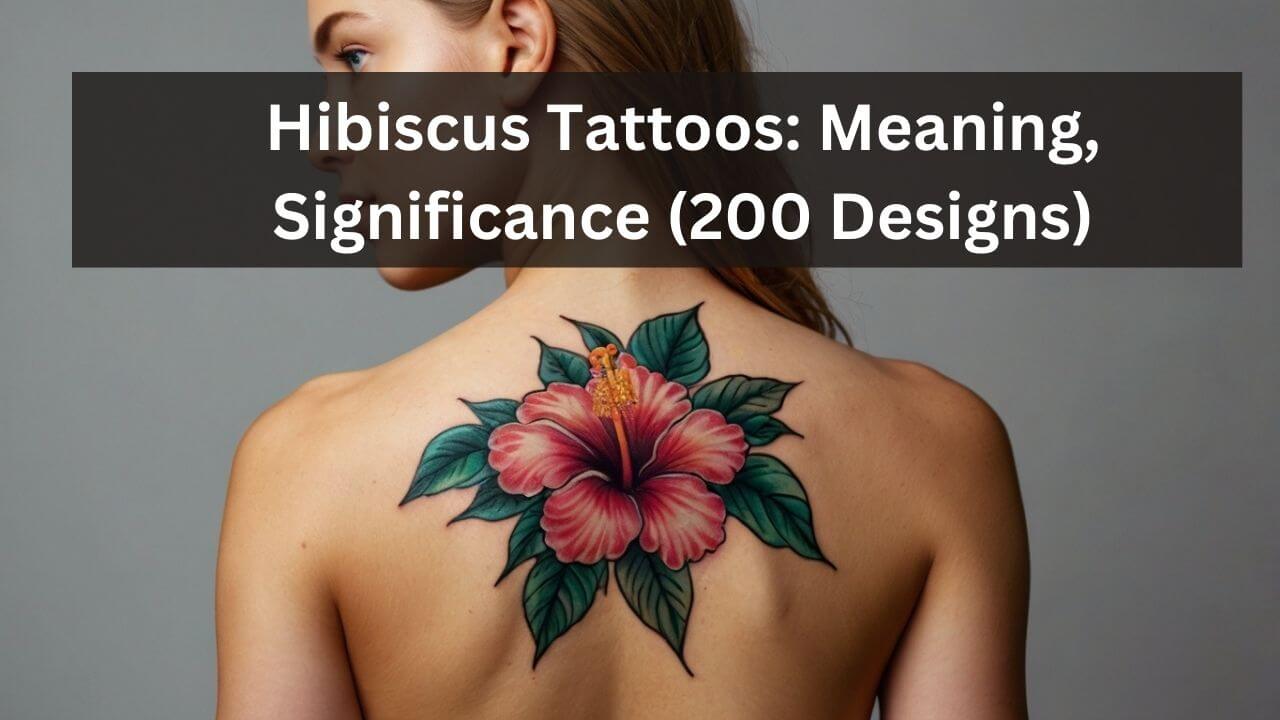 A vibrant hibiscus tattoo on upper back, featuring detailed pink petals and lush green leaves, symbolizing beauty and grace.