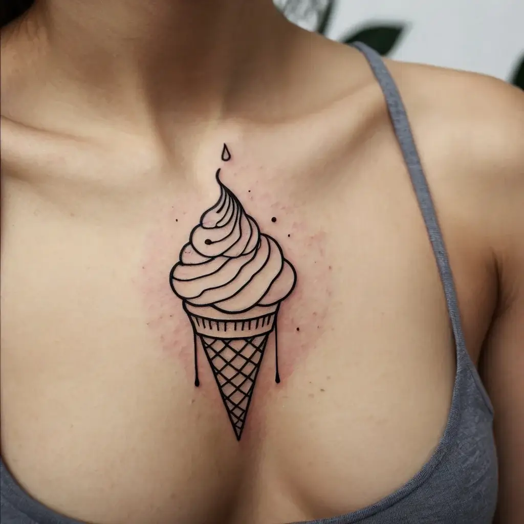 Tattoo of a stylized ice cream cone with swirling lines, melting details, and dot accents, centered on the upper chest.