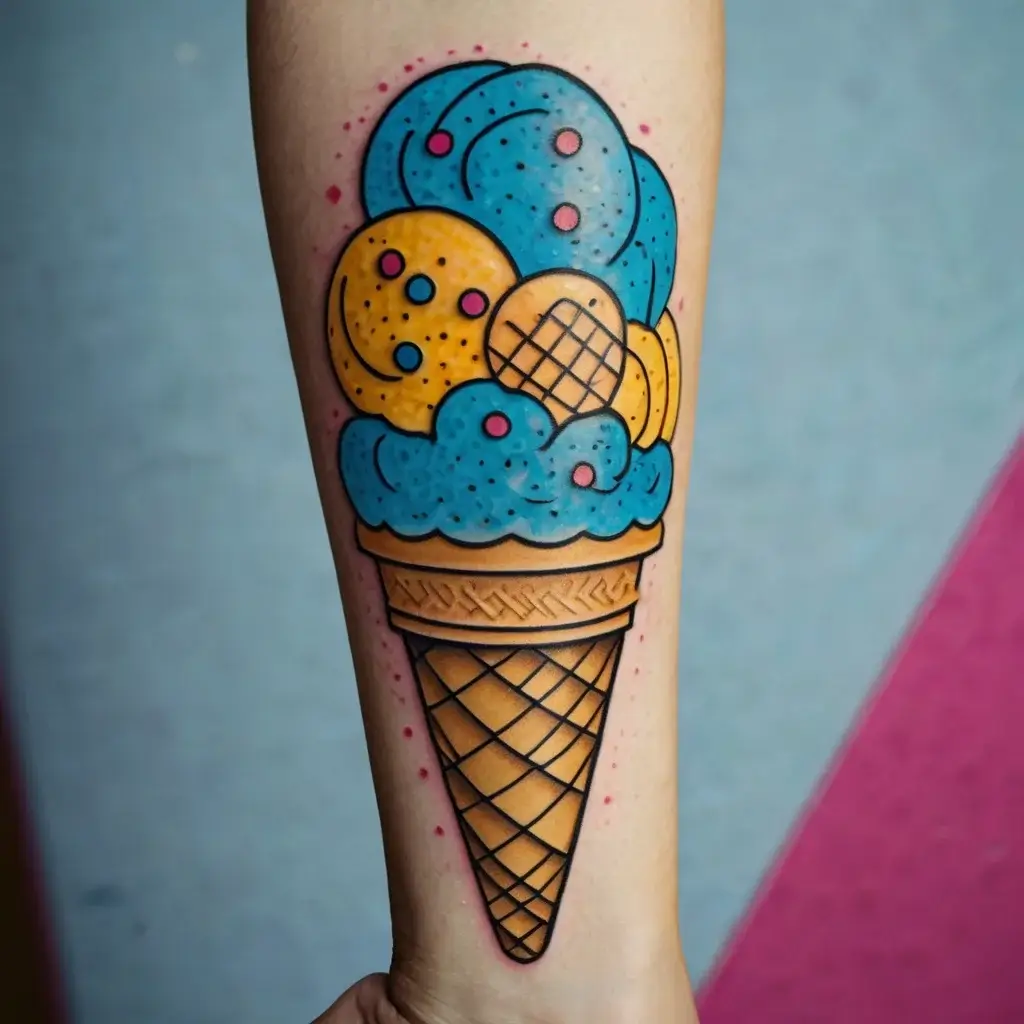 Tattoo of a colorful ice cream cone with blue and yellow scoops and sprinkles, in a bold, cartoon style on the forearm.