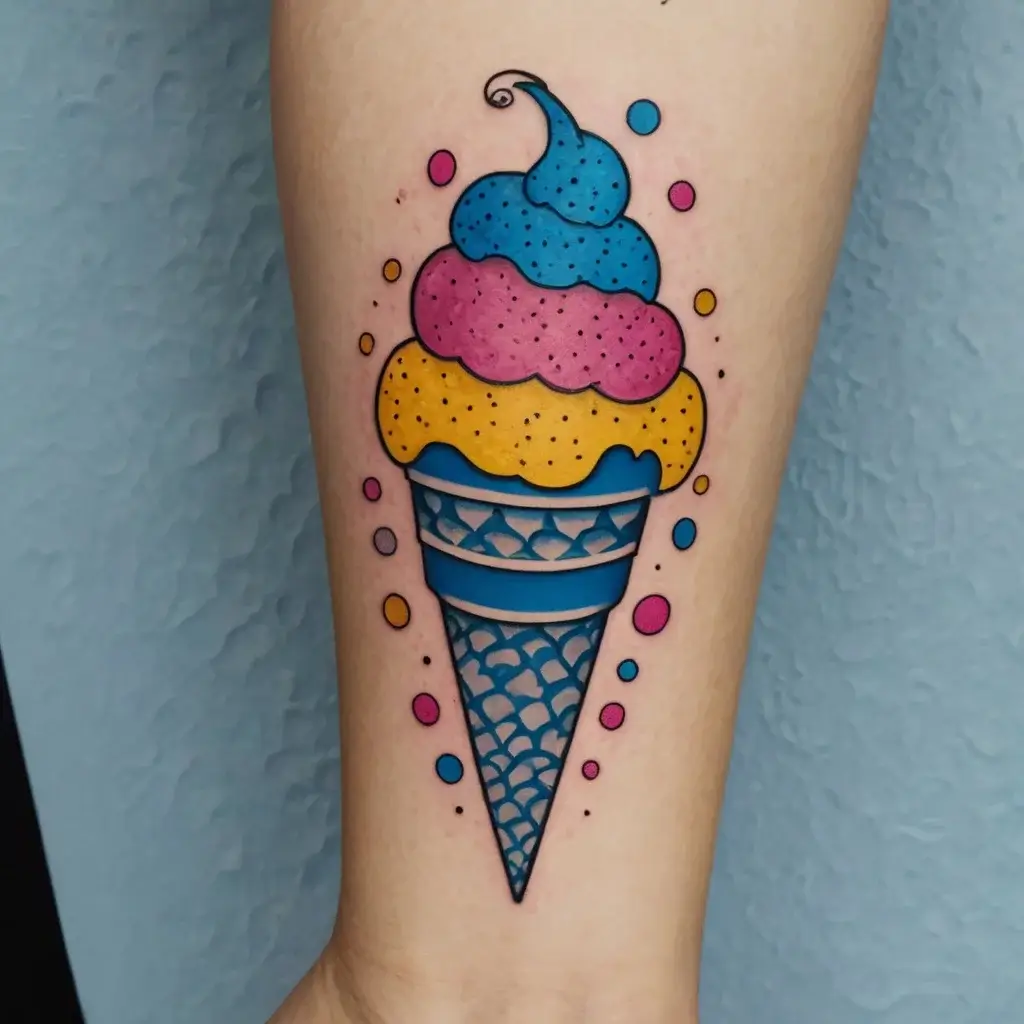 Colorful tattoo of a three-scoop ice cream cone with blue, pink, and yellow scoops and dotted accents on the forearm.