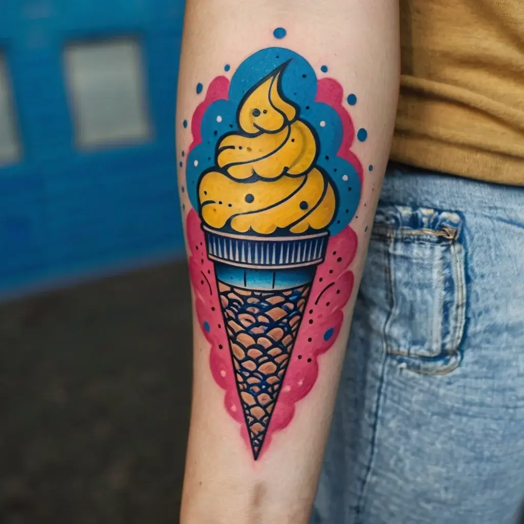 Colorful ice cream cone tattoo with yellow swirl, outlined in blue and pink, featuring bold lines and dot accents.