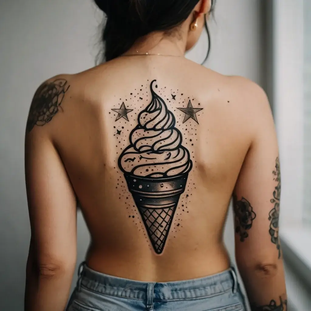 Tattoo of a detailed ice cream cone with swirling top, flanked by stars, on a woman's back. Dotwork adds texture and depth.