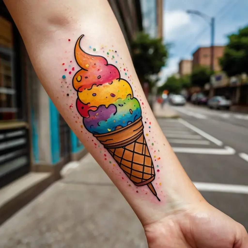 Tattoo of a rainbow-colored ice cream cone with sprinkles, featuring vibrant colors and bold outlines on the forearm.