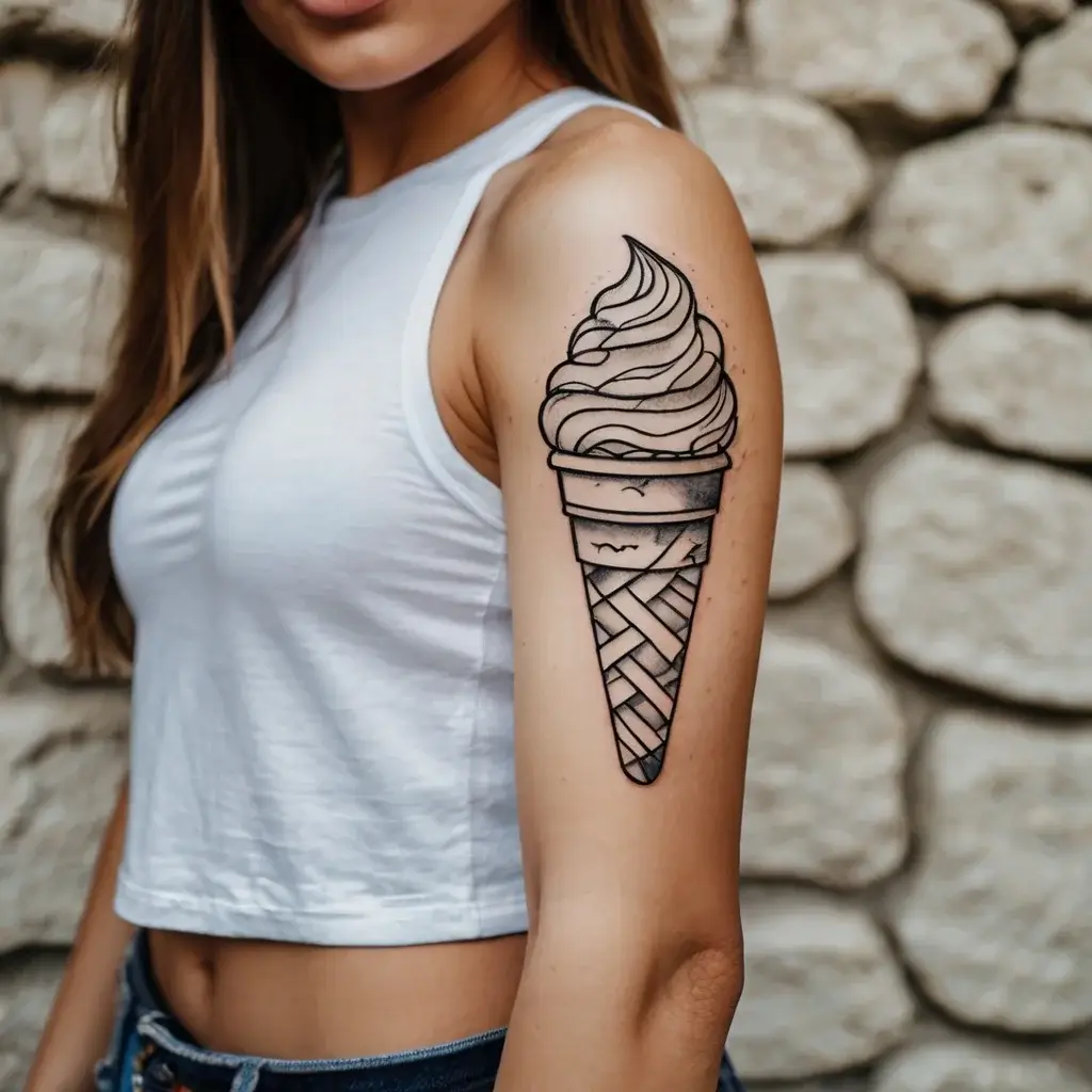 Linework ice cream tattoo on upper arm, featuring detailed swirls and a cone with crosshatched patterns.