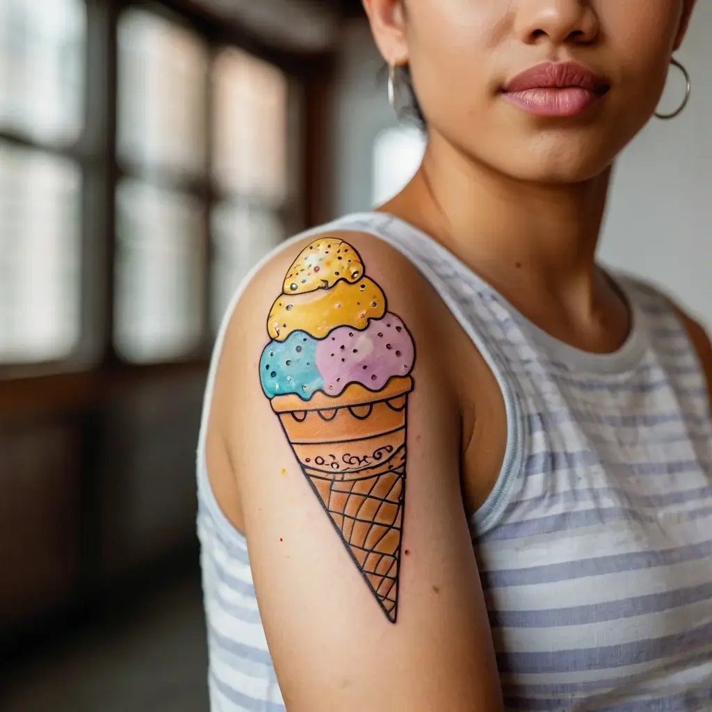 Colorful ice cream cone tattoo with three scoops in yellow, pink, and blue on the upper arm, featuring fine details.