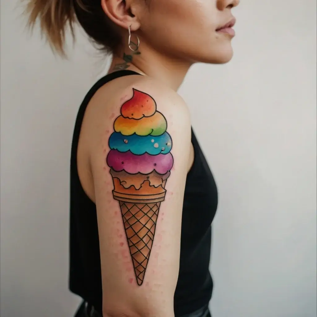 A vibrant tattoo of a rainbow ice cream cone with a waffle design, symbolizing whimsy and joy, on a person’s upper arm.