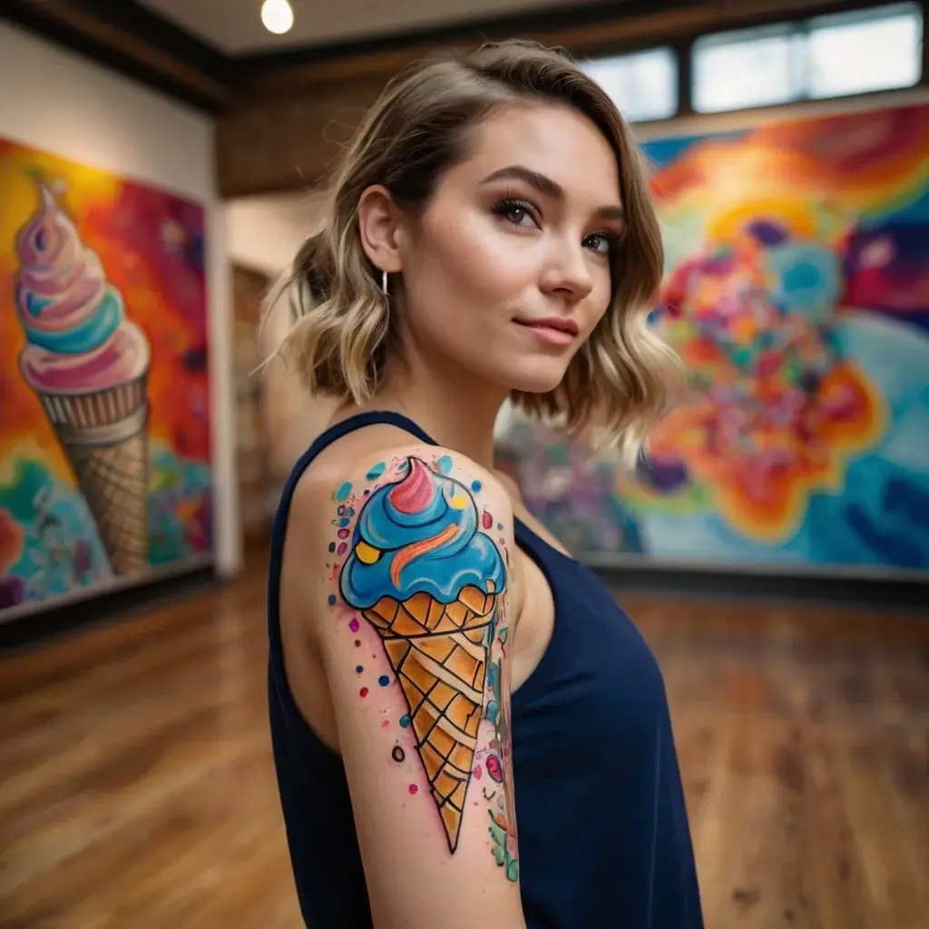 Colorful ice cream cone tattoo on shoulder with swirling blue and pink scoops, detailed waffle cone, and playful dots.