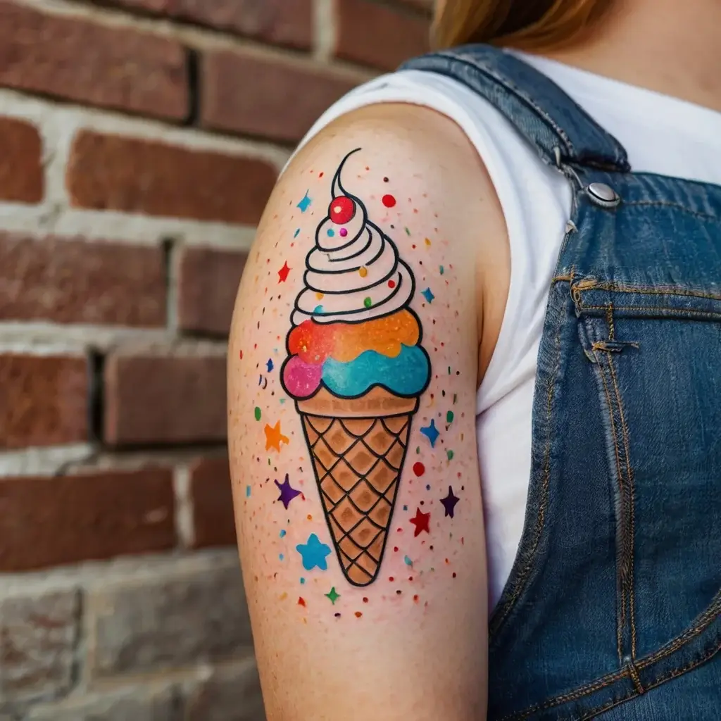 Colorful tattoo of an ice cream cone with rainbow scoops and sprinkles, surrounded by vibrant stars and dots on the upper arm.