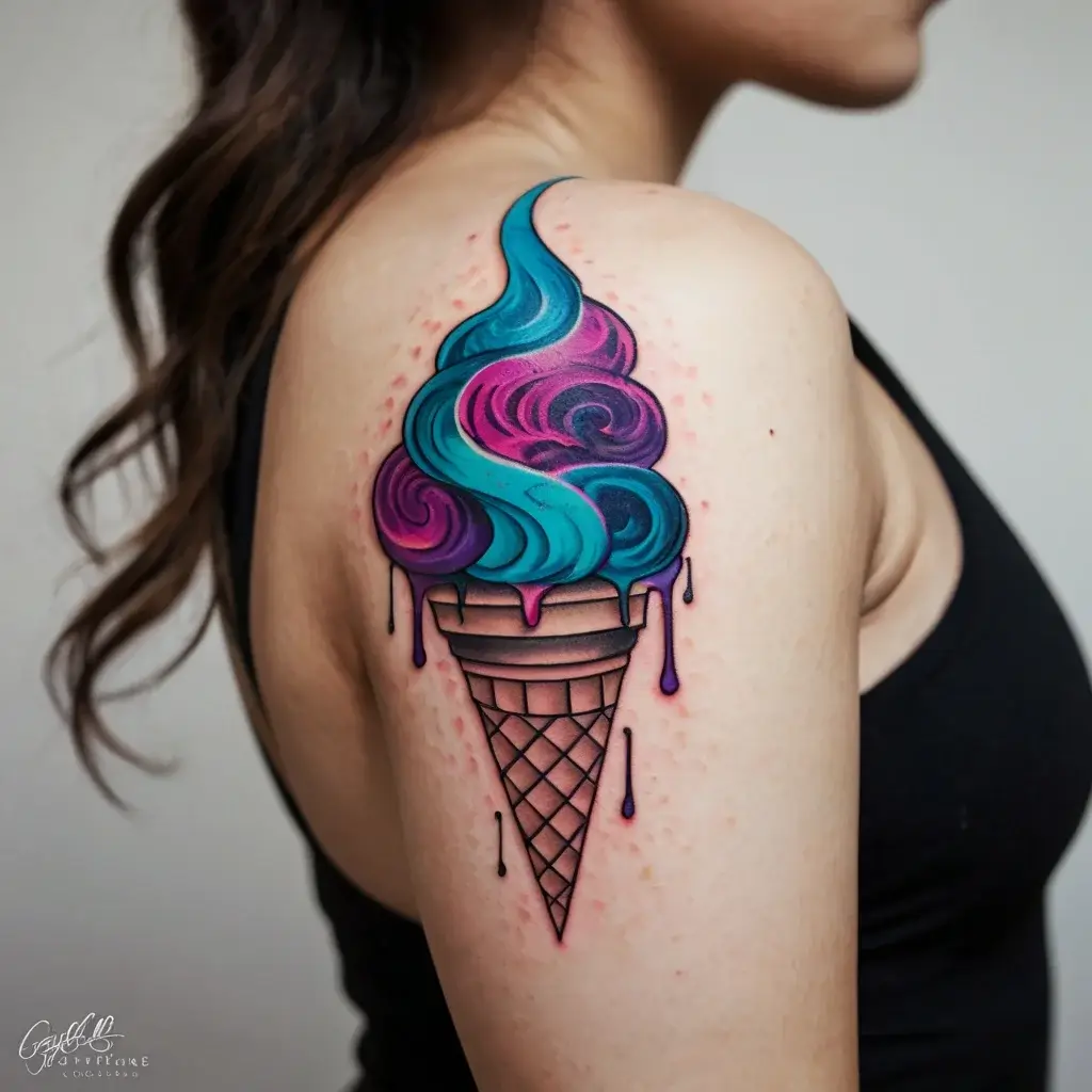 Tattoo of a vibrant swirling ice cream cone in purple and blue hues with drips, on an upper arm. Bold, colorful design.